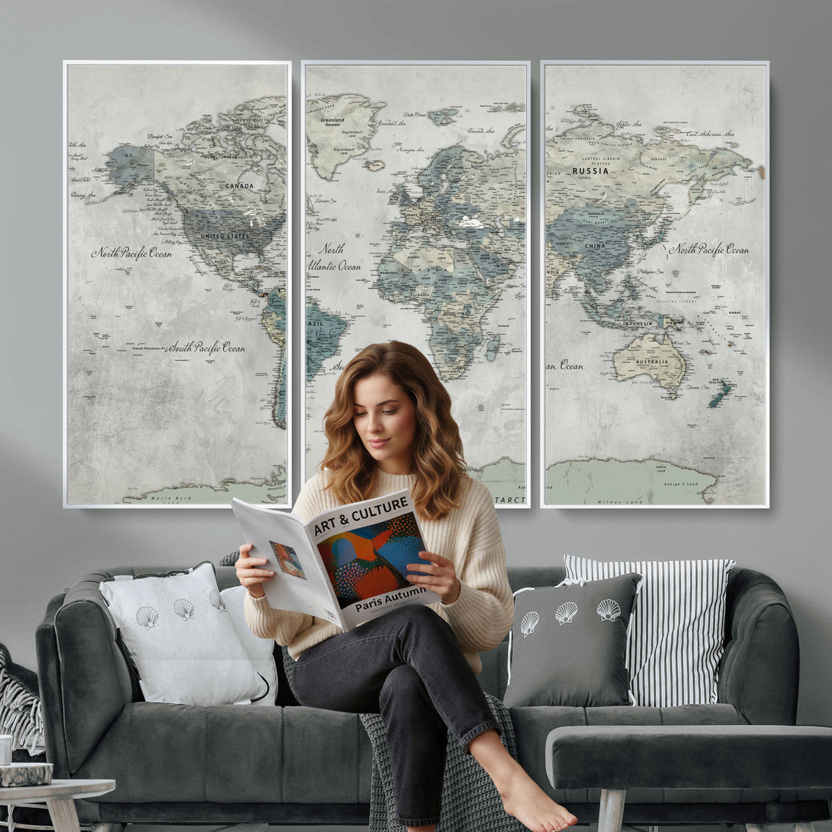 Neutral Vintage World Map Canvas Wall Art Print, Classic Map Artwork