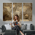 Dark Vintage World Map Canvas Wall Art Print, Antique Map Artwork
