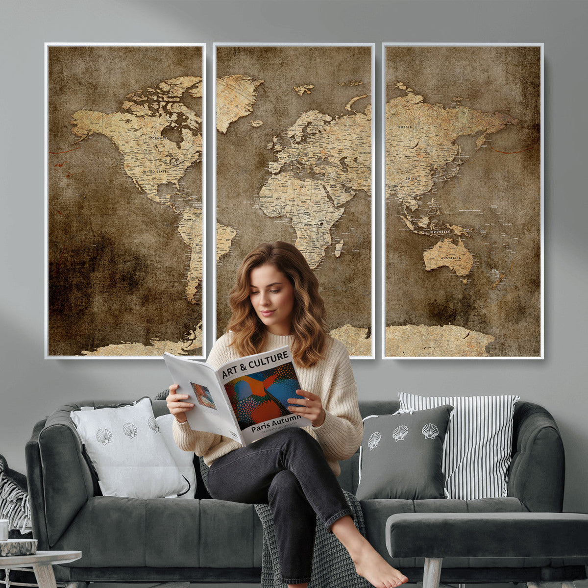 Dark Vintage World Map Canvas Wall Art Print, Antique Map Artwork