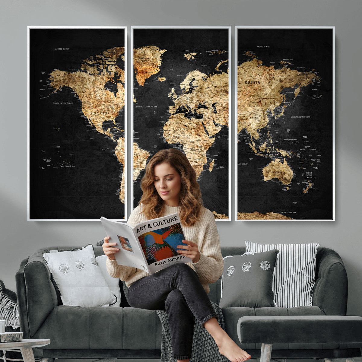 World Map Canvas Wall Art with Famous Landmarks | Framed Travel Map