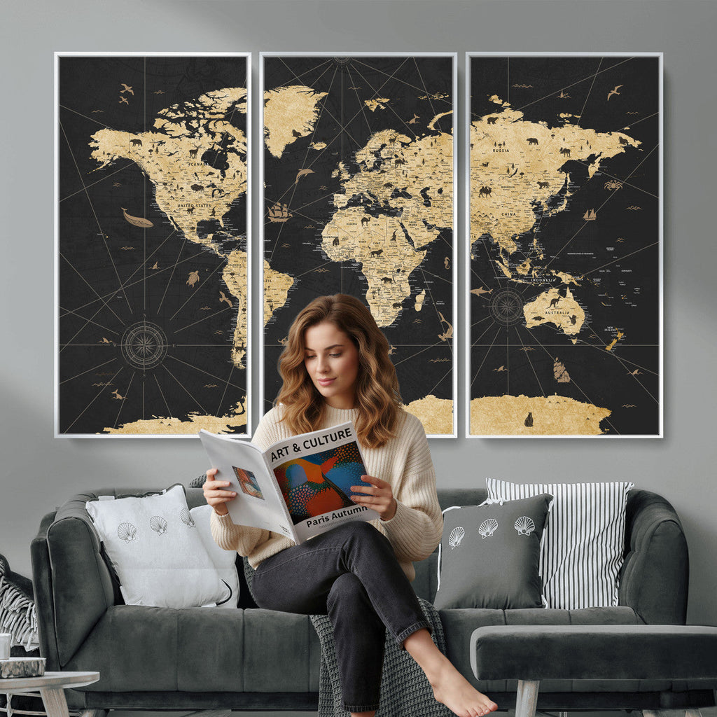 Vintage Blue and Brown World Map Canvas Wall Art | Framed Rustic Map Print