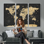 Vintage Blue and Brown World Map Canvas Wall Art | Framed Rustic Map Print
