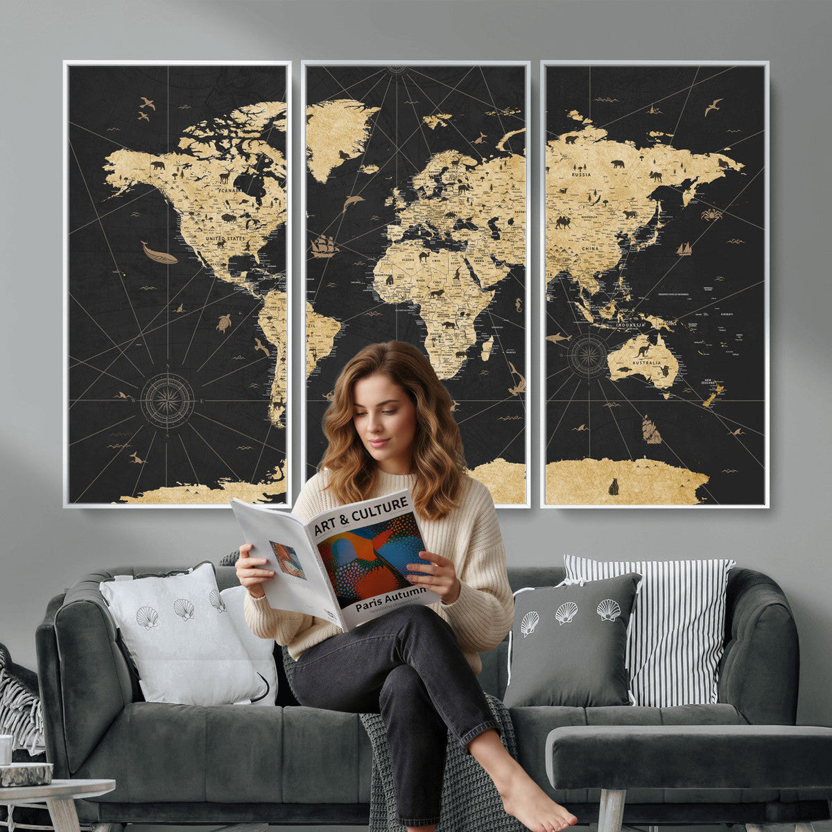 Vintage Blue and Brown World Map Canvas Wall Art | Framed Rustic Map Print