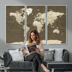 Vintage World Map Canvas Print | Framed Travel Map Wall Art for Couples
