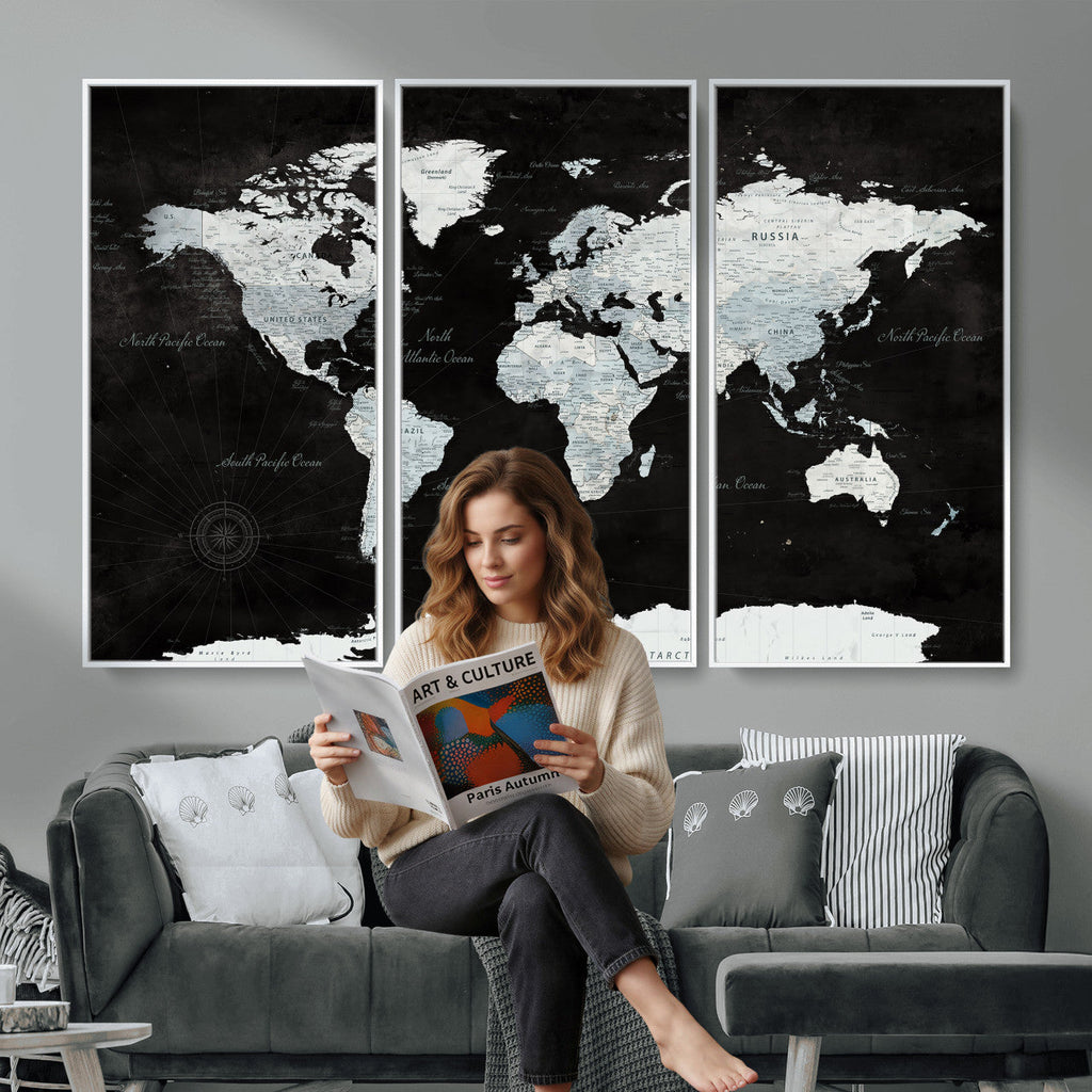 World Map Canvas Print | Framed Push Pin Wall Art, Color Splash Travel Map