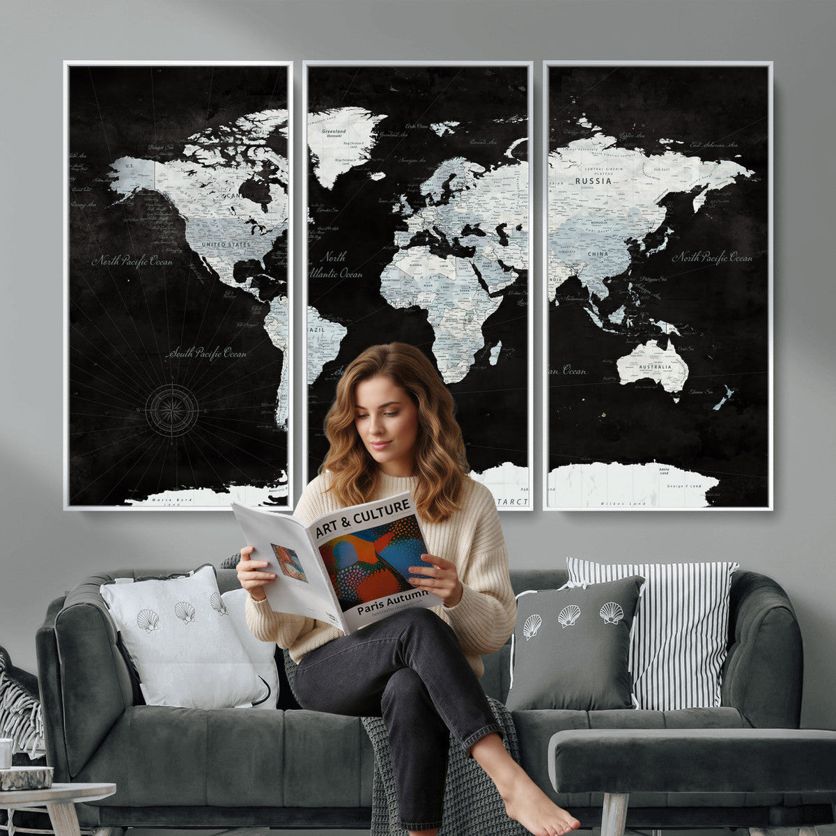 World Map Canvas Print | Framed Push Pin Wall Art, Color Splash Travel Map
