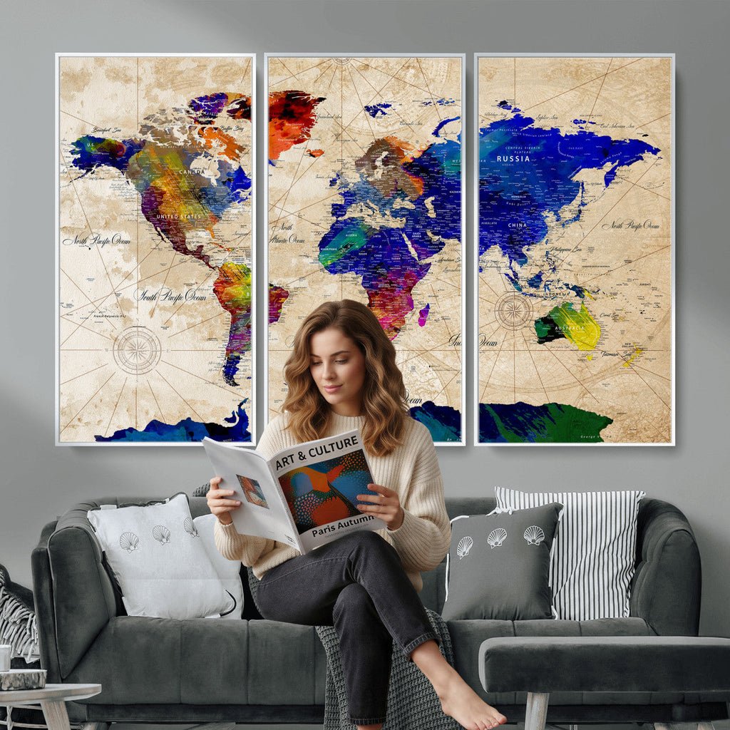Watercolor World Map Canvas Print | Framed Wall Art for Couples