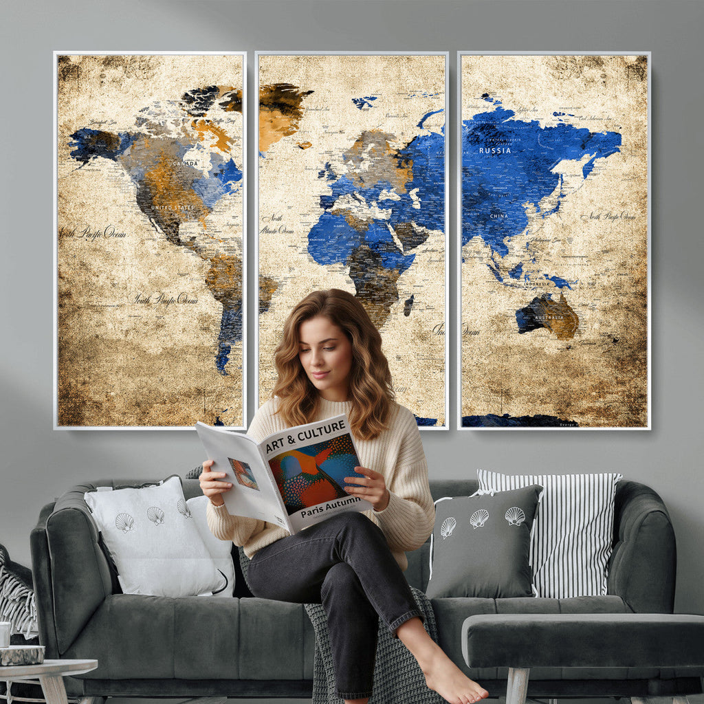 World Map Canvas Print | Colorful Abstract Travel Map, Framed Wall Art