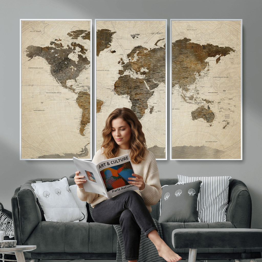 Vintage World Map Canvas Wall Art | Framed Antique Style Travel Map