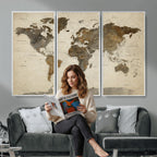 Vintage World Map Canvas Wall Art | Framed Antique Style Travel Map