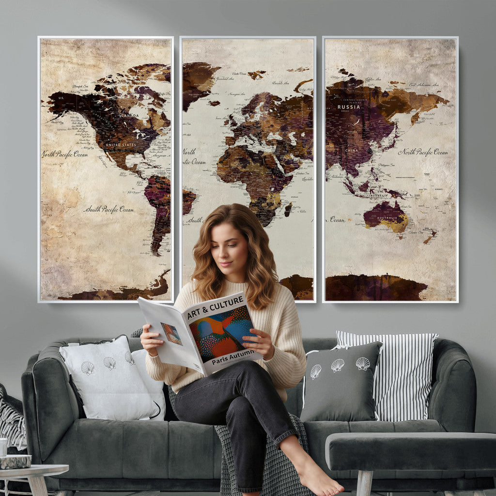 World Map Canvas Triptych | Colorful Global Wall Art for Living Rooms