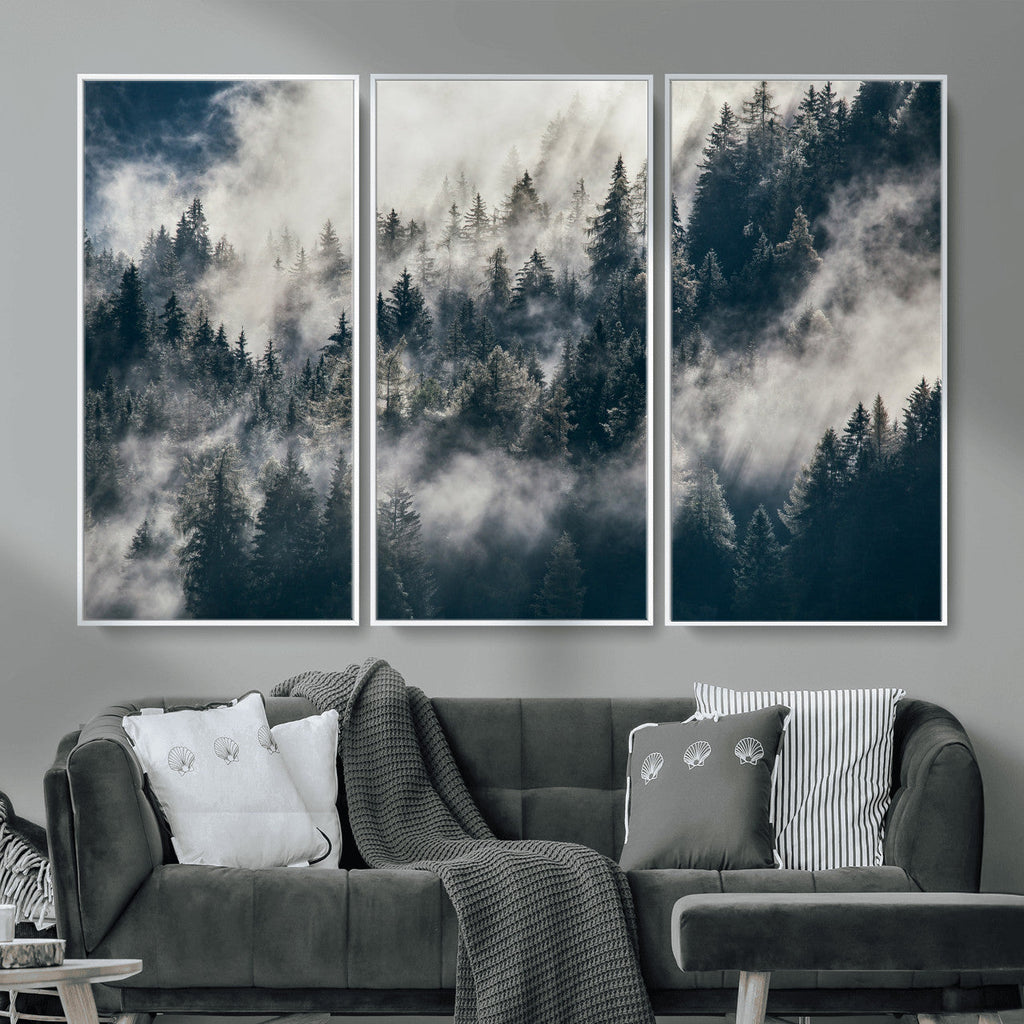 Foggy Mountain Forest Canvas Print, Misty Pine Trees Nature Wall Art