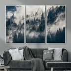 Foggy Mountain Forest Canvas Print, Misty Pine Trees Nature Wall Art