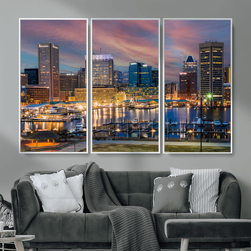 Baltimore Skyline Wall Art Canvas Print, Baltimore Downtown Night Cityscape