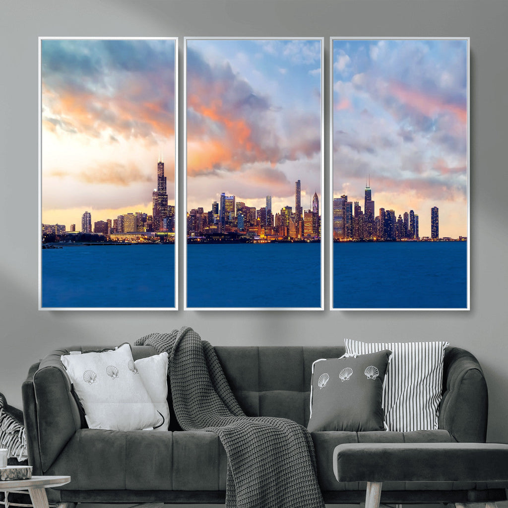 Chicago Wall Art Canvas Print - Chicago City Downtown Night Cityscape