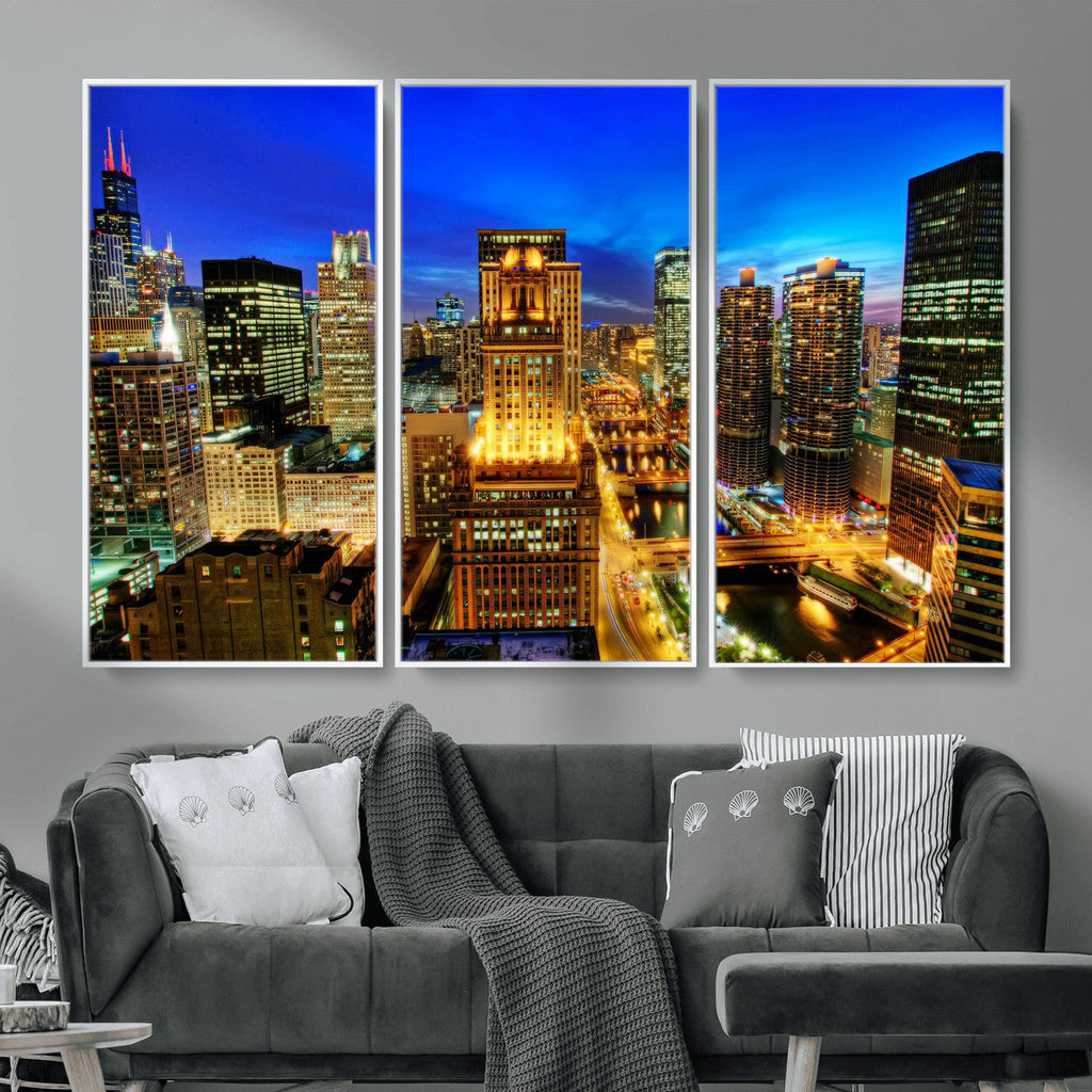 Chicago Wall Art Canvas Print - Chicago City Downtown Night Cityscape