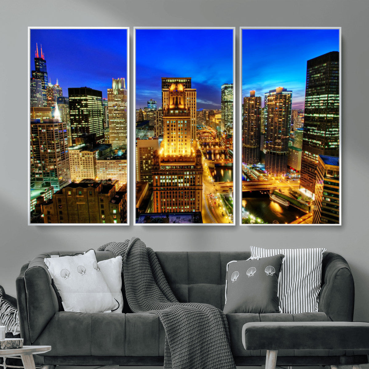Chicago Wall Art Canvas Print - Chicago City Downtown Night Cityscape