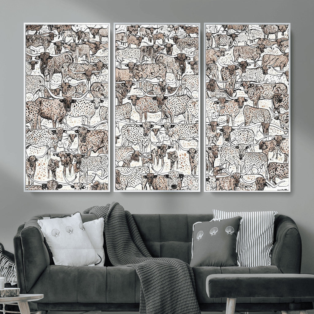 Abstract Texas Cow Wall Art Canvas Print, Farm Longhorn Art for Cabin Decor