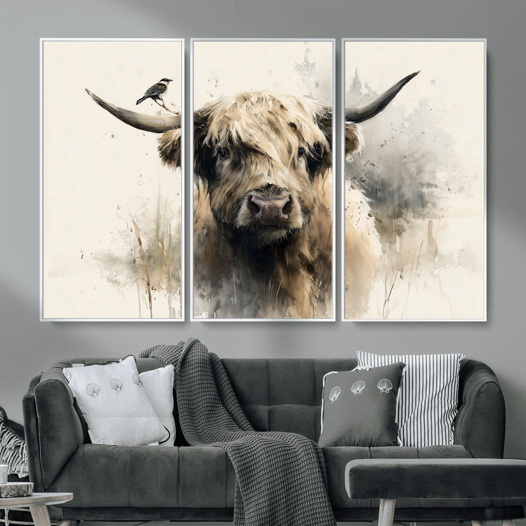 Abstract Highland Cow Wall Art Canvas Print, Rustic Farm Cattle Portrait