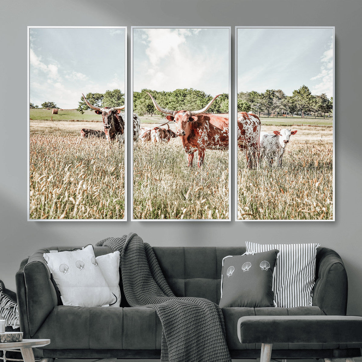 Texas Longhorn Cattle Wall Art Canvas Print, Western Ranch Landscape Decor