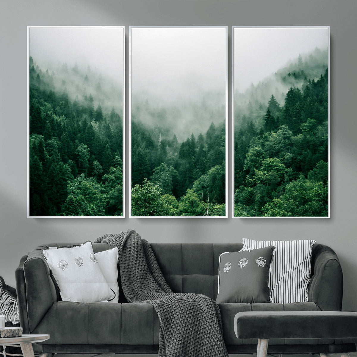 Misty Pine Forest Wall Art Canvas Print, Foggy Evergreen Landscape