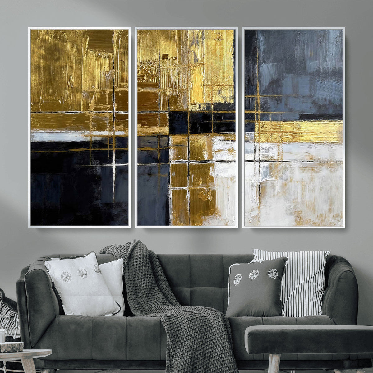 Gold Navy Abstract Wall Art Canvas Print, Modern Luxury Geometric Art for Living Room and Office