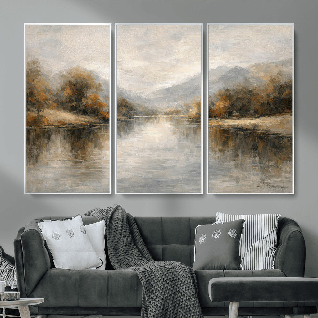 Neutral Abstract River Landscape Wall Art Canvas Print
