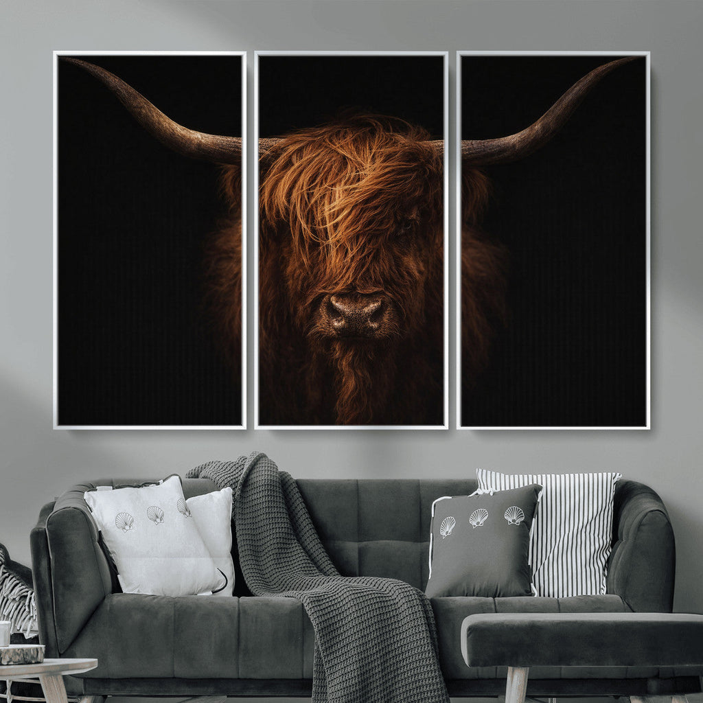 Highland Cow Wall Art Canvas Print | Moody Dark Rustic Farmhouse Portrait