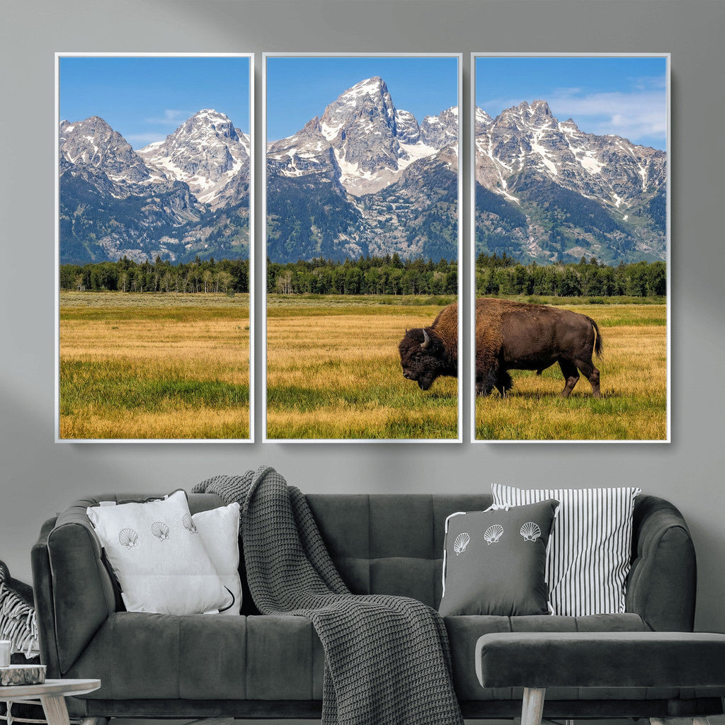 Bison in Mountain Landscape Wall Art Canvas Print, Western Decor