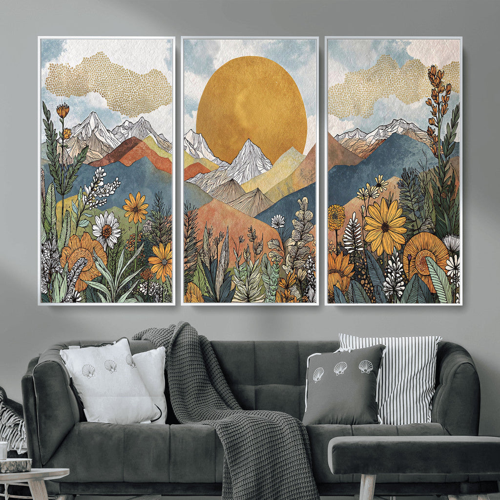 Boho Mountain Landscape Large Wall Art, Horizontal Gold Sun and Flowers Print