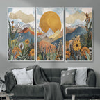 Boho Mountain Landscape Large Wall Art, Horizontal Gold Sun and Flowers Print