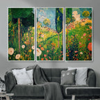 Gustav Klimt Boho Mountain Landscape Large Wall Art, Gold Sun and Flowers Print