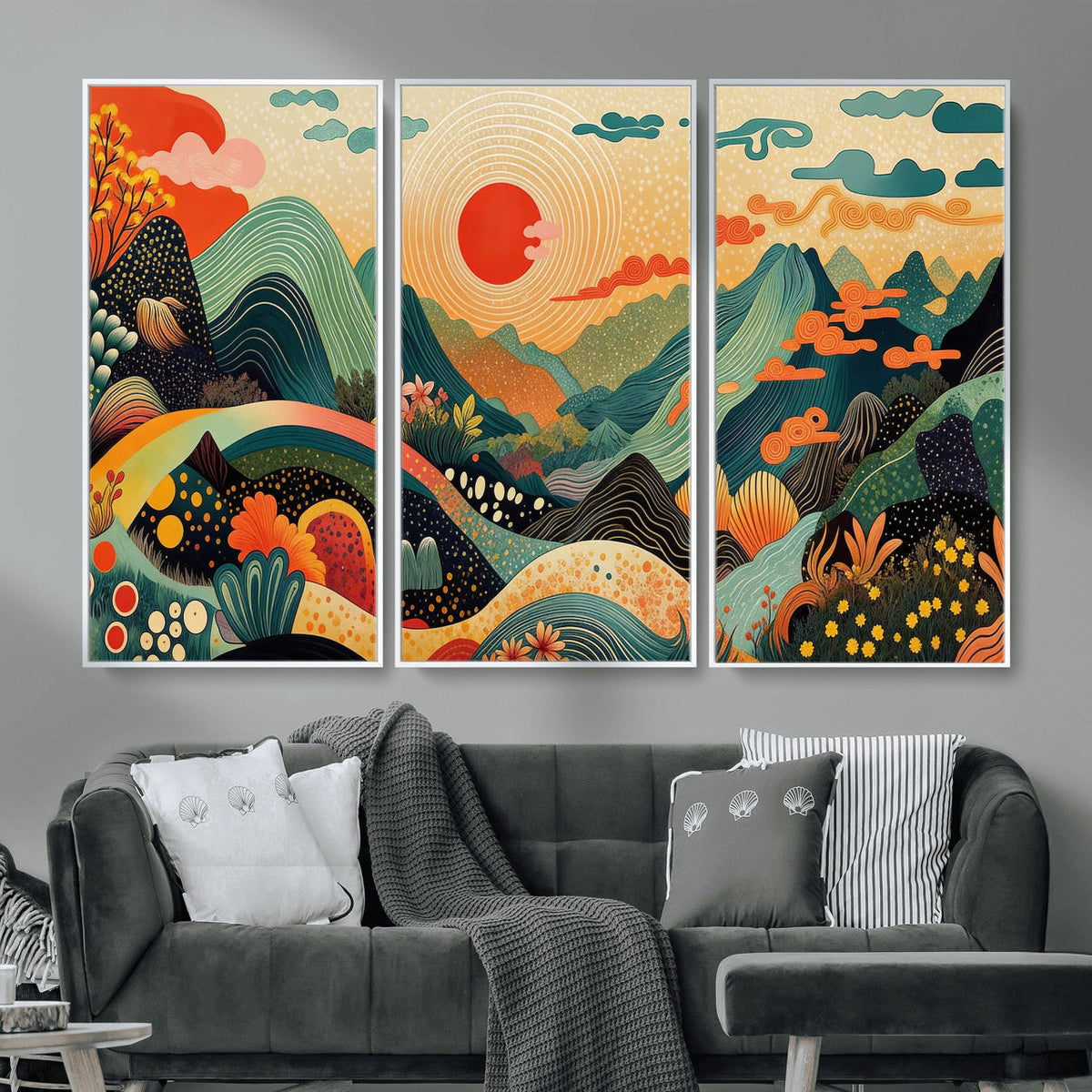 Yayoi Kusama Boho Mountain Landscape Large Wall Art, Gold Sun and Flowers Print
