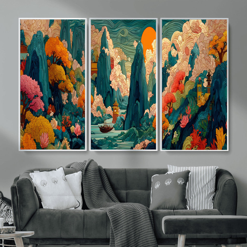 Colorful Japanese Landscape Print: Maximalist Panoramic Wall Art