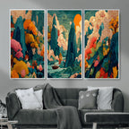 Colorful Japanese Landscape Print: Maximalist Panoramic Wall Art
