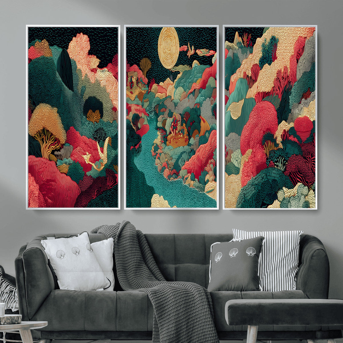 Colorful Japanese Landscape Print: Maximalist Panoramic Wall Art