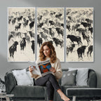 Longhorn Cattle Canvas Wall Art, Black White Stampede Ink