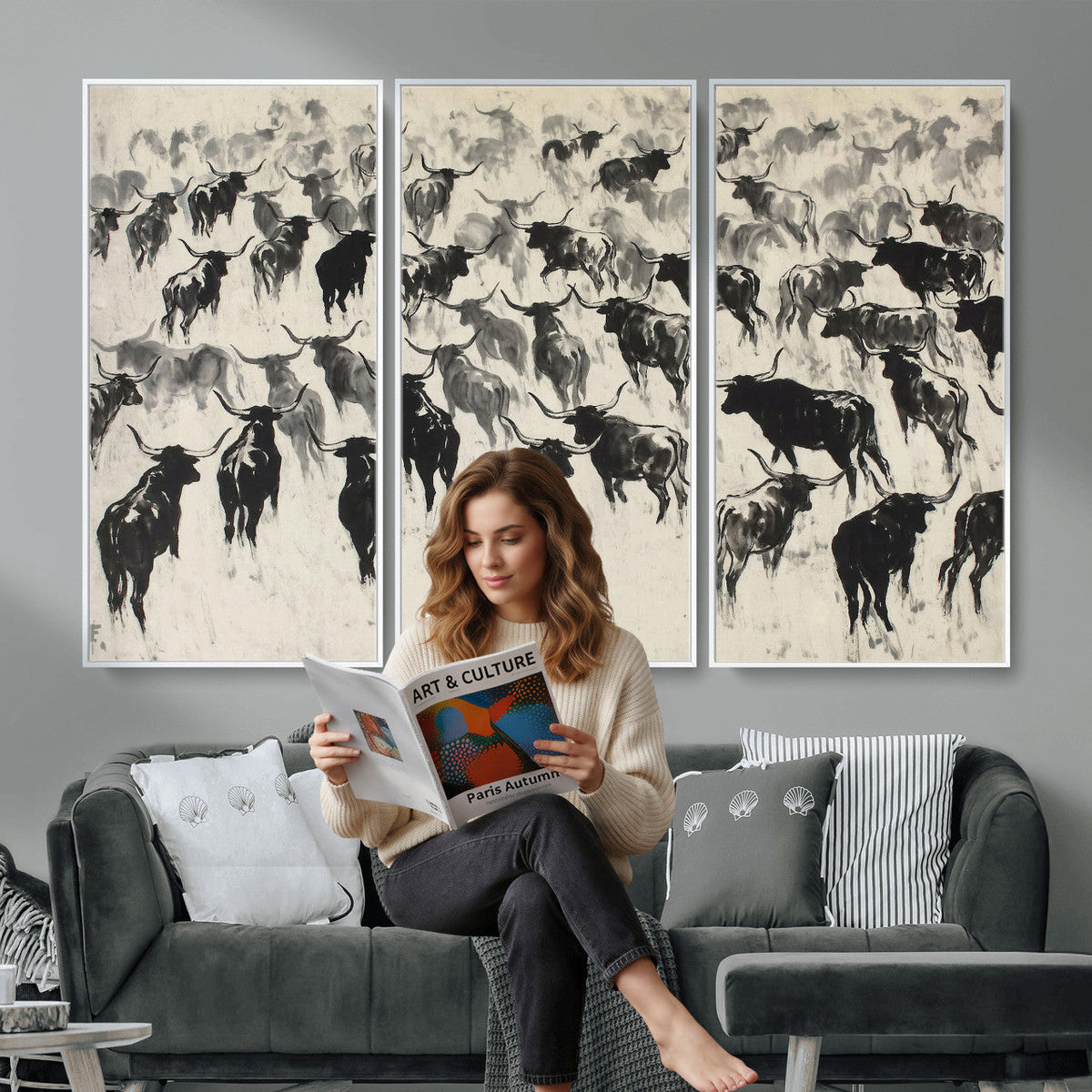 Longhorn Cattle Canvas Wall Art, Black White Stampede Ink