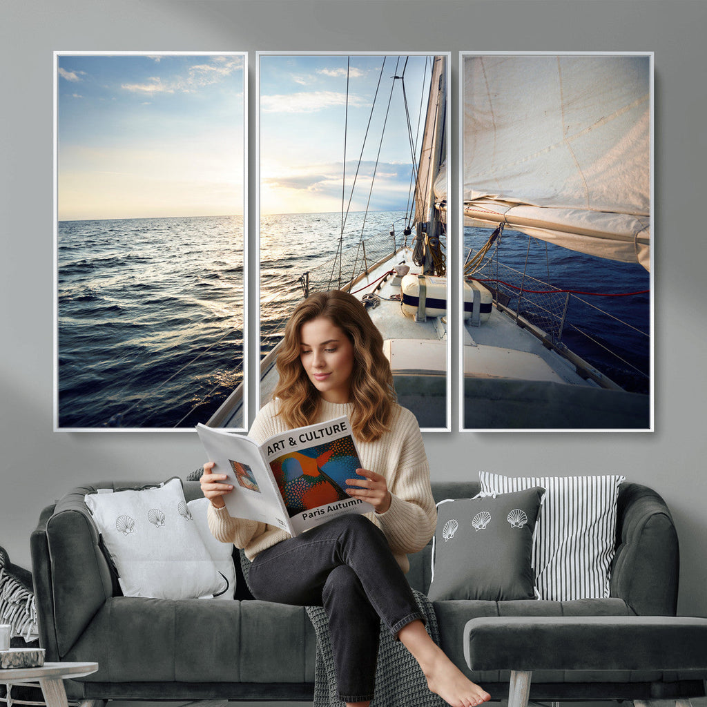 Sailboat Wall Art Canvas Print, Ocean Sunset Sailing Framed Artwork