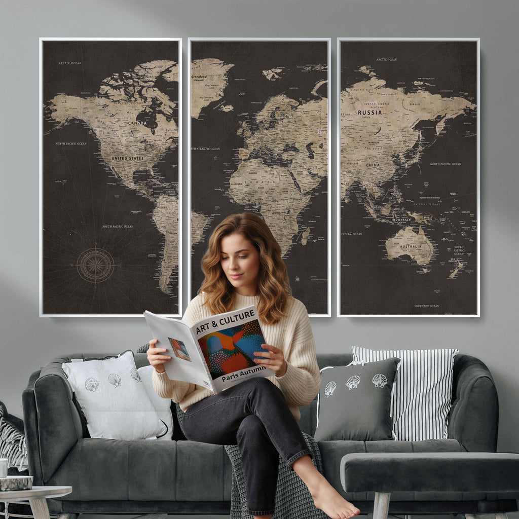 World Map Canvas Wall Art, Dark Charcoal and Antique Tan Detailed Map