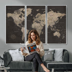 World Map Canvas Wall Art, Dark Charcoal and Antique Tan Detailed Map