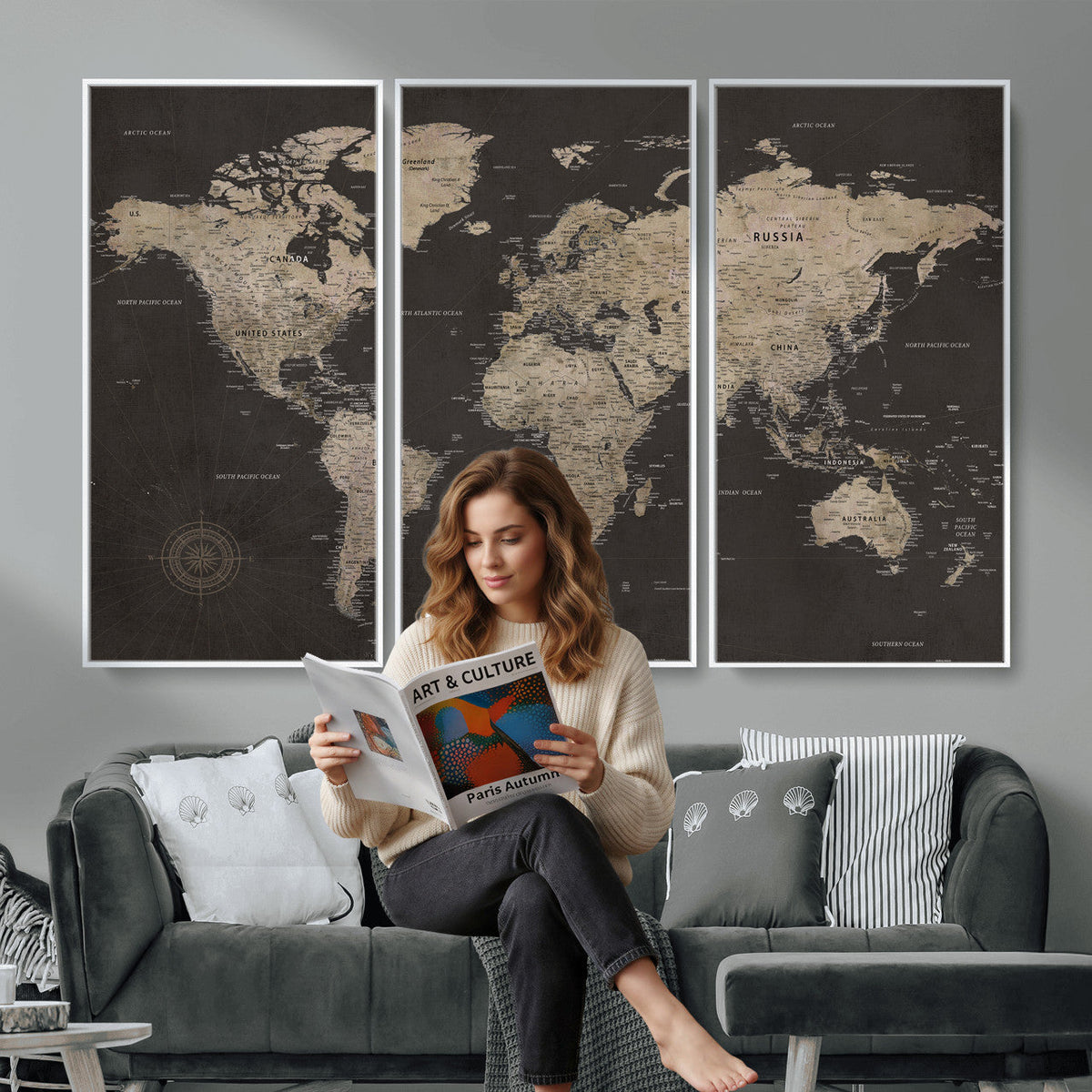 World Map Canvas Wall Art, Dark Charcoal and Antique Tan Detailed Map