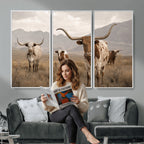 Rustic Texas Longhorn Cow Canvas Wall Art Print, Farm Animal Photography