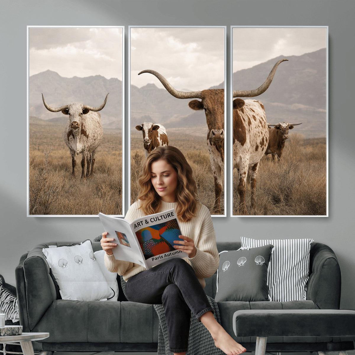Rustic Texas Longhorn Cow Canvas Wall Art Print, Farm Animal Photography