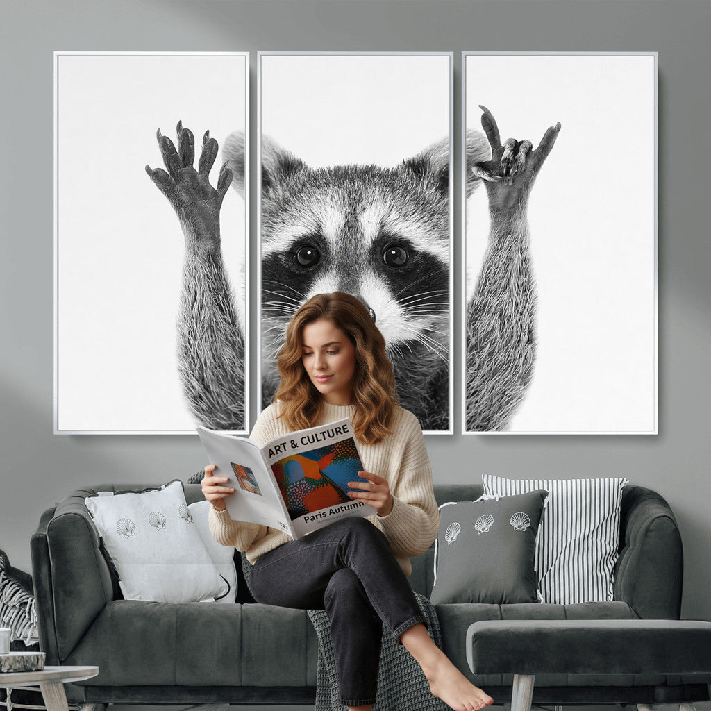 Funny Raccoon Canvas Wall Art, Black White Hands Up Animal Photo Print