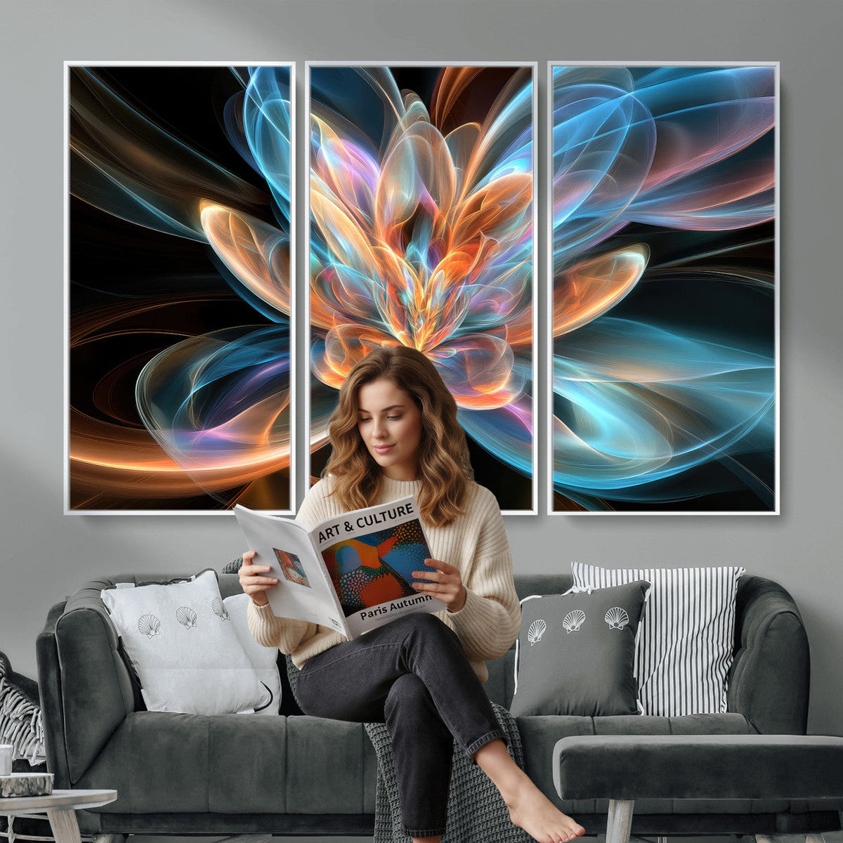 Fractal Lotus Canvas Wall Art, Blue Orange Glowing Flower Abstract Print