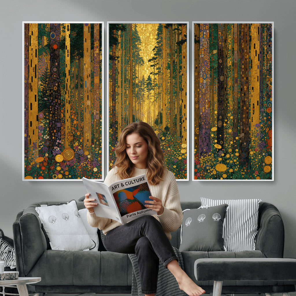 Gustav Klimt Style Forest Canvas Wall Art, Golden Forest Path Floral Art Nouveau Print