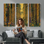 Gustav Klimt Style Forest Canvas Wall Art, Golden Forest Path Floral Art Nouveau Print