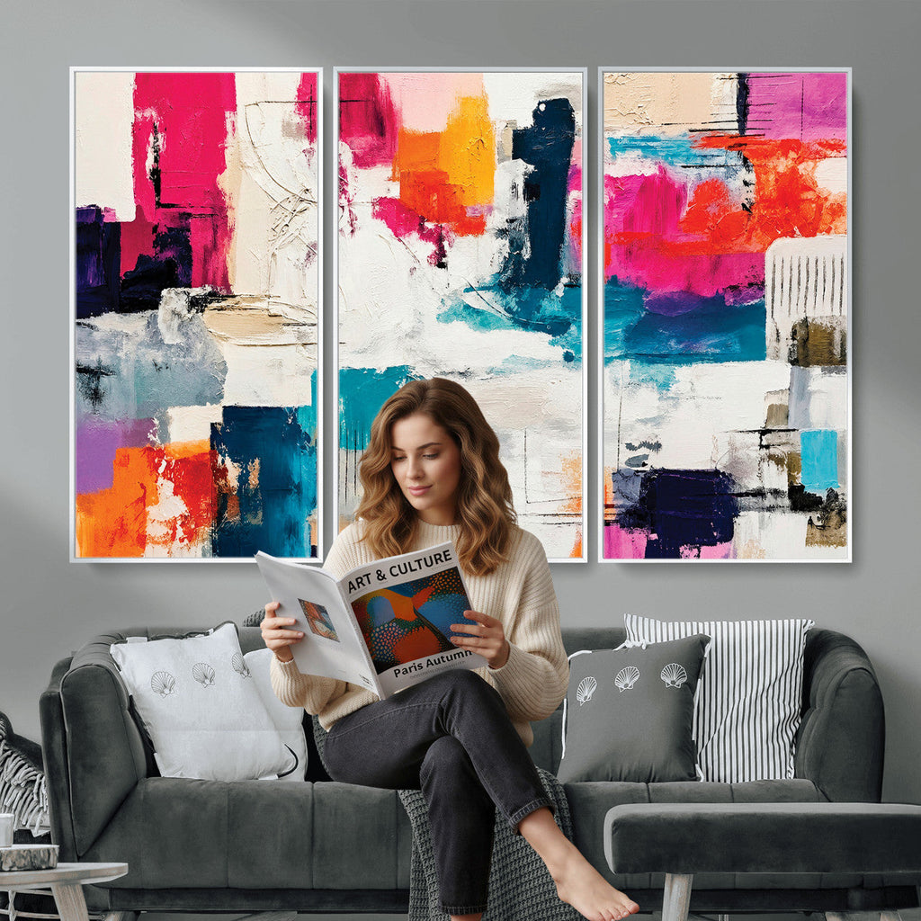 Blue Teal Abstract Canvas Wall Art, Modern Brushstroke Style Print, Navy Orange Contemporary Decor