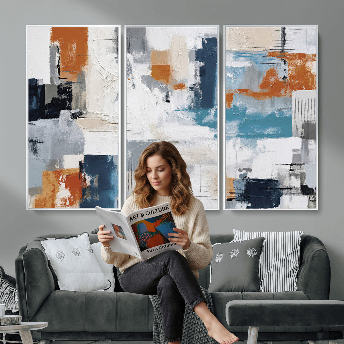 Blue Teal Abstract Canvas Wall Art, Modern Brushstroke Style Print, Navy Orange Contemporary Decor